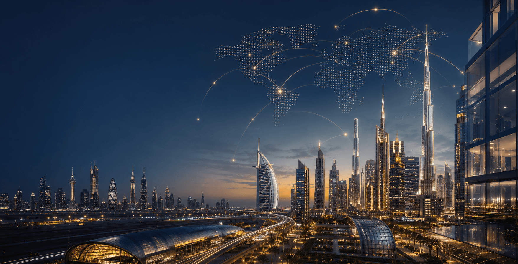 Global skyline with Dubai and international business buildings